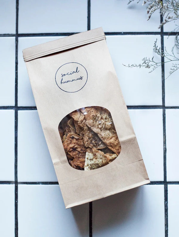 Hummus from Social Hummus - Classic OG, Black Sesame, Sunset Tomato & Basil Tahini and Lavash Crackers