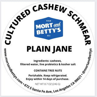 Plain Jane from Mort and Betty’s Cultured Cashew Schmear, Jammy, Scallion, Lemon Herb Chile Cheddar